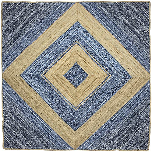 CASAVANI Collection Quadratischer Teppich – 90 x 90 cm, blau, geflochten, Chindi-Baumwolle, Jute-Teppich, geometrischer Kelim-Teppich, für drinnen und draußen, Flachgewebe-Teppiche für Schlafzimmer,