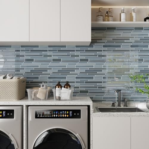 CRE8TIVE Azulejos Adhesivos Cocina Azul Tira Azulejos Baldosas Adhesivas Pared Azulejos Adhesivos Baño Vinilo Adhesivo Efecto Madera Lavadero Chimenea Cenefa Adhesiva Cocina 30.5cm x 30.5cm 4 Piezas