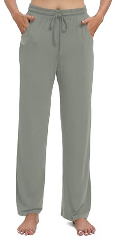 EXCHIC Damen Freizeit Elastische Gerades Bein Hose Lounge Mittel Taille Weite Yoga Hosen mit Taschen(L, Hellgrau)