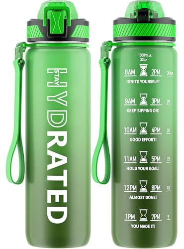 QLUR Trinkflasche, 1L BPA-Frei Tritan Wasserflasche mit Strohhalm, Trinkflasche Sport Auslaufsicher mit Zeitmarkierung und Bürste, Sportflasche für Fitness, Schule, Yoga, Gras Grün (1 Flasche)