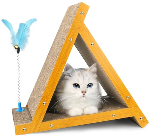 Tabla rascadora para Gatos, rascador Triangular para Gatos, Alfombrilla rascadora Duradera para Gatos con 3 Lados Reversibles, cartón reemplazable, Juguetes con Varita para Gatos y Hierba gatera