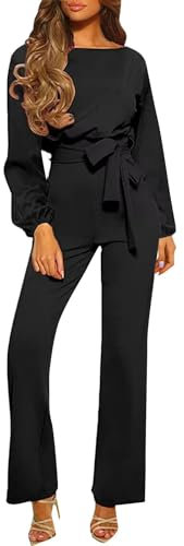 RMBLYfeiye Jumpsuit Langarm Damen Hosenanzug Festlich Elegant Overall Boot-Ausschnitt Einfarbiges Straight Leg Mit Gürtel Kostüm