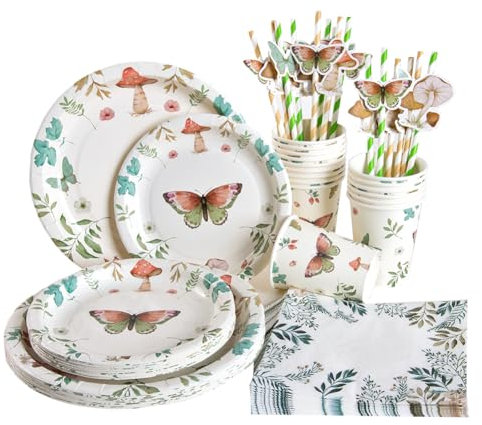 SUNBEAUTY Grün Partygeschirr Set Mit floralem Schmetterlingsmuster Party Dekorationen einschließlich Papier Teller Pappbecher Servietten Strohhalme für Hochzeit Geburtstag Babyshower Deko