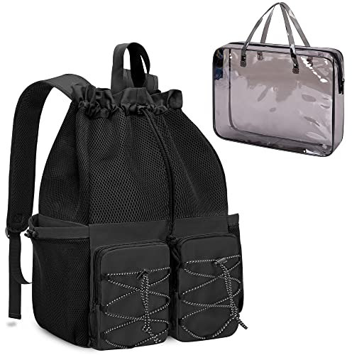 Fasrom grand sac de plage femme xxl sac a dos plage en Maille Pliable pour Femme avec Fermeture Éclair, Grand Poches Sacs à Cabas pour Plage Voyages Gym Piscine Noir