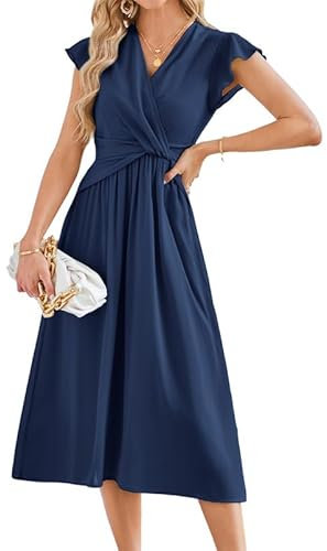 JASAMBAC Summer Dresses for Women UK,Chiffon Dresses Ruffle Flutter Sleeves Summer Dress Ruched Wrap A-Line Maxi Dress Wedding Guest Dress Flowy Dreess Casual Dresses Navy Blue