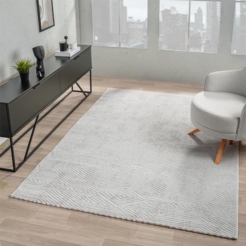 VIMODA Teppich Wohnzimmer Kurzflor Schlafzimmer läufer Hochtief-Muster/ 3D-Effekt Boho, Farbe:L.Grey, Maße:200x290 cm
