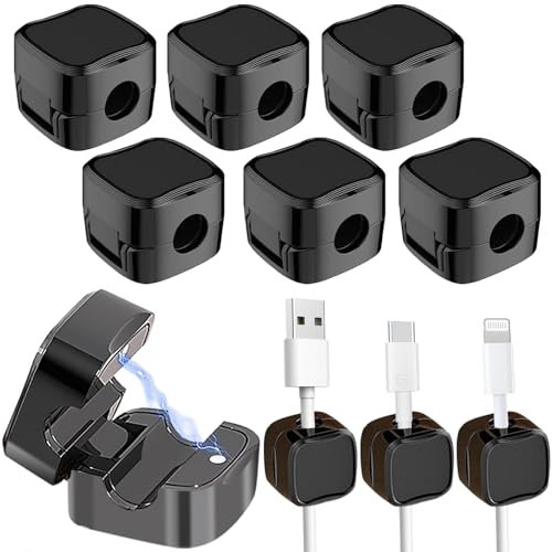 6 Pcs Phone Charging Cable Keeper, Cable Organizer Holder, Magnetic Wire Management Clips Sticky, Desktop Cord Holder for USB, Audio, Power Cable, Charging Cable (Black)