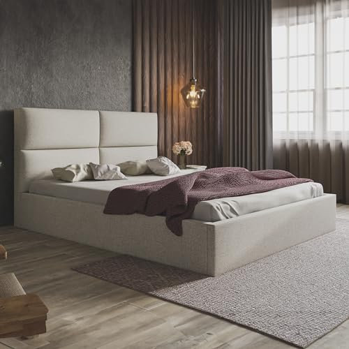MOTIVENA Livi Polsterbett 120x200 Beige, Polsterbett 120x200 Stoff, Polsterbett 120x200 mit Bettkasten, Polsterbett 120x200 mit Stauraum, mit Lattenrost, mit Kopfteil, ohne Matratze, Beige