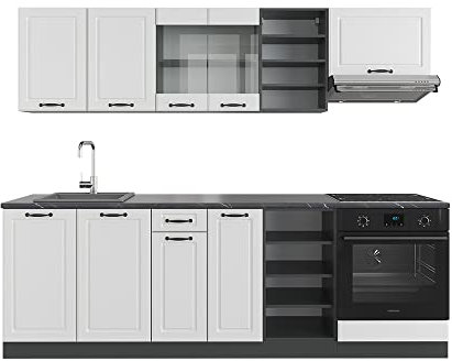 Vicco Küchenzeile R-Line, Weiß Landhaus/Anthrazit, 240 cm, AP Marmor