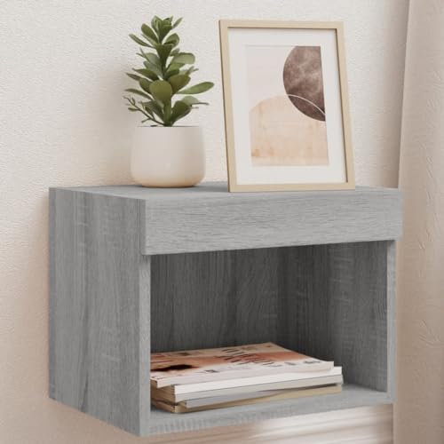 Homgoday Wand-Nachttisch mit LED-Leuchten Nachttisch Hängend Wandboard Nachttischschrank Nachtkommode Nachttisch Wandmontage Schlafzimmer Grau Sonoma 40 x 30 x 30 cm