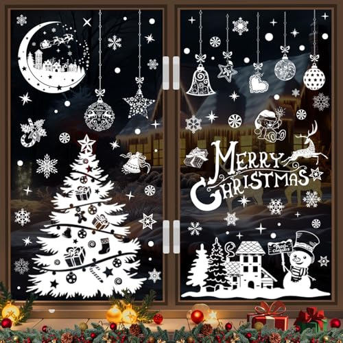 202 Fensterbilder Weihnachten Selbstklebend, Weiß Schneeflocken Weihnachtsdeko Fenster Wiederverwendbar, PVC Weihnachtsdeko innen Fensterdeko Kinder, Schneeflocken, Weihnachtsmann, Rentiere, Glocken