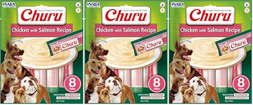 INABA Churu Püree Hundeleckerli - Köstlicher Hundesnacks in handlichen Portionen, Getreidefrei, Huhn & Lachs (8 Tuben) (Packung mit 3)