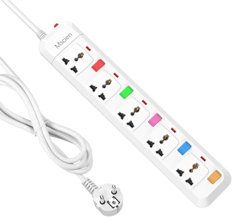 Mscien 5 Way Extension Lead with 5 Independent Switches, Travel Overload Protector Power Strip UK To EU with 1.8M Extension Cord