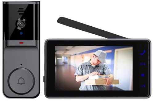 Sonnette sans Fil avec Camera avec écran Visiophone sans Fil interphone Video sans Fil Audio Bidirectionnel Vision Nocturne Portier Vidéo pour Masion,Installation Facile,Pas de WiFi et APP