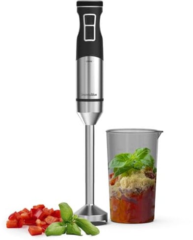 UNIVERSALBLUE Batidora de Mano Potente con 2300W con Motor DC, Turbo y 9 Velocidades – Cuchillas de Acero Inoxidable - Pica y Tritura Hielo, Vaso de 700 ml, Ergonómica y Fácil de Limpiar