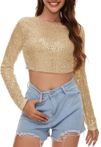 Ypser Sequin Crop Top Long Sleeve Sequin Top Sparkle Crop Top For Disco Rave Concert Party