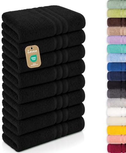 Lavea® Lot de 8 Serviettes de Bain 50x100 cm 100% Coton – Douces et Absorbantes – Parfaites comme Serviette Main, Essuie-Main ou Visage pour Maison, Hôtel et Spa – Noir