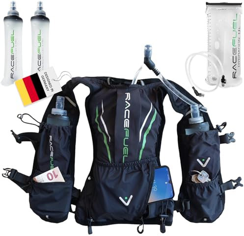 RaceFuel Marathon Weste Ultraleicht Trinkrucksack, Trail Rucksack, Trinkweste, Hydration Pack Fahrradrucksack für Laufen, Wandern, Männer Frauen (inkl. 2 Softflask & 1.5L Trinkblase, ONE-Size)