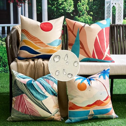 Velvhom Outdoor Kissenbezüge Wasserdicht 40 x 40 cm Boho Palmenblätter Dekorative Kissenhülle Abstrakt Blätter Sonne Sofakissen Dekokissen Zierkissenbezüge für Couch Sofa Garten Hof, 4er-Set