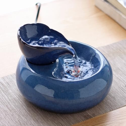 Keramik-Mini-Wasserfall-Brunnen, Schreibtisch-Ornamente, kleiner Tischbrunnen für Katzen, Wasserbrunnen, Büro, Tisch-Luftbefeuchter für das Wohnzimmer, Büro (blau)