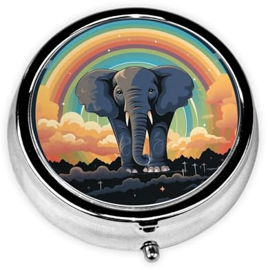 Pillendose mit Spiegel, Retro-Pillendose mit 3 Fächern, niedlicher Elefant auf Regenbogen-Hintergrund, kleiner Pillen-Organizer für Geldbörse oder Tasche, dekorativer Metall-Medizin-Vitamin-Organizer