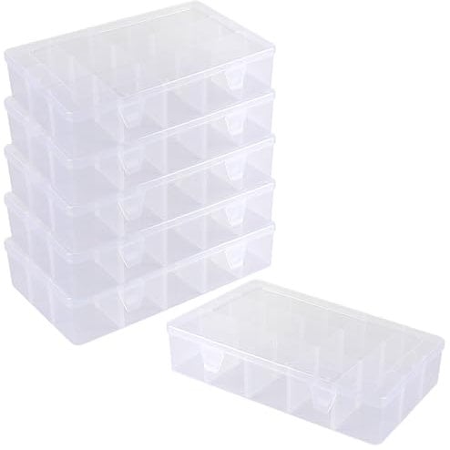 JIAYUET 6PCS 15 Grids Plastic Bead Box, Large Clear Storage Containers Box with Divider for Jewelry Earring, 27.6 x 16.5 x 5.6 cm