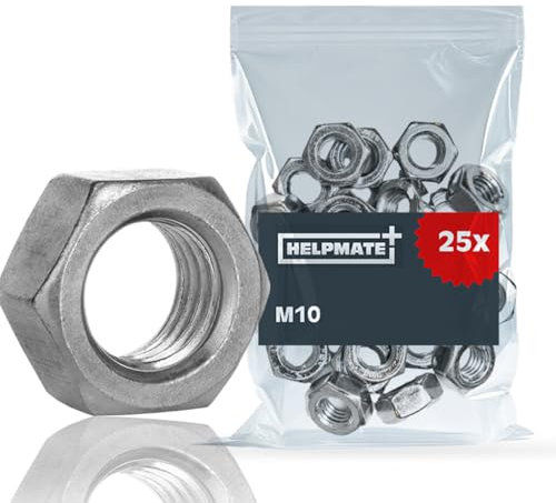 HELPMATE – M10 Sechskantmutter DIN 934 – galvanisch verzinkter Stahl – 25 Stück – Festigkeitsklasse 8 – Muttern für den Innenbereich oder trockene Umgebungen