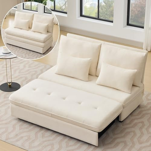 MYBOO Schlafsofa 2-Sitzer mit Bettfunktion, klappbares Sofabett Doppelsofa mit Schlaffunktion&ausziehbarer Aufbewahrungsbox&2 Kissen, Kleine Schlafcouch für kleine Wohnung, Chenille-Stoff, Beige