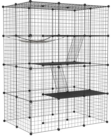 FIVMEN Großer Katzenkäfig 4-Stöckige aus Metall mit 2 Leitern und 1 Hängematte DIY Katzenlaufstall Katzengehege Outdoor Abnehmbarer Freigehege Katzen Katzenauslauf Kleintierelaufstall, 110x74x146 cm