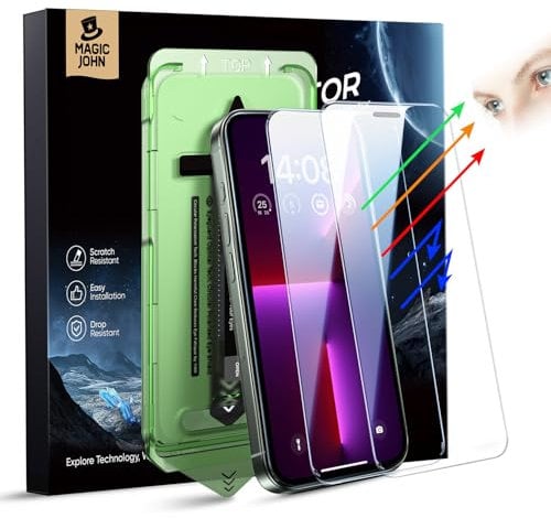 MAGIC JOHN 2 Pack for iPhone 12 Pro Max (6.7) Eye Protection Screen Protector, HD Clear, Auto Dust-Elimination, 9H Tempered Glass & Scratch Resistance, Full Edge Coverage