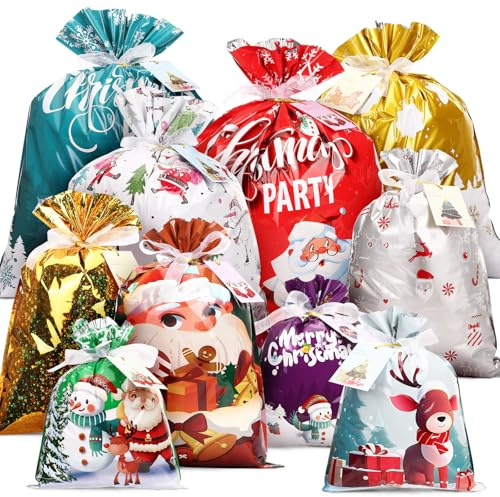 GWHOLE 20 Stück Geschenktüten Weihnachten Geschenkbeutel Foile Weihnachtstüten mit Kordelzug Weihnachtsbeutel Geschenktaschen Weihnachtssack Weihnachtsgeschenktüten Tasche zum Befüllen, 4 Größen