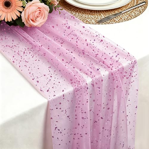 Foatcox Runner de Tavolo Rosa, 75 x 300 CM Leggero Fluido Runner de Tavolo in Tulle di Garza Foglia d’Oro Rosa per Matrimoni Bohémien, Compleanno, Decorazione per Tavola della Cucina e Archi