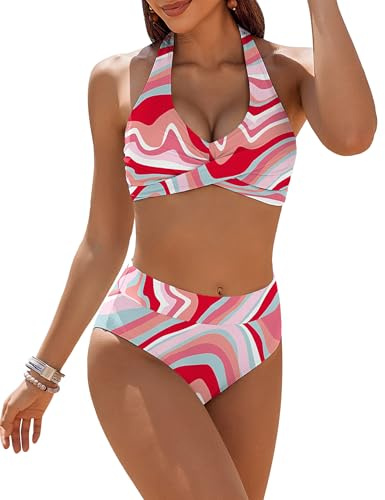Ekouaer Femme Maillots de Bain Deux Pièces Col V Maillots de Bain Taille Haute Licou Bikini Set Chic, S-XXL
