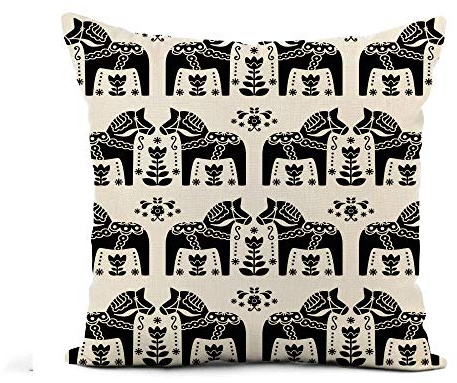 Schwedisches Dala-Daleclarian-Pferde-Volksmuster, Schwarze Handwerkskunst Zierkissen Weich Kissenbezug Komfort Zierkissenbezug Für Balkon Sofa Bett 45X45Cm