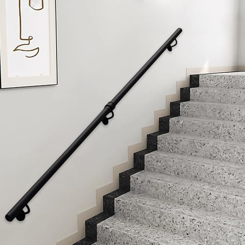 Lonmrrton Wrought Iron Wall Mounted Handrail, 1m 1.5m 2m 2.5m 3m Industrial Round Pipe Hand Rails Safety Handle, Indoor Outdoor Stair Banister Railing with Black Metal Brackets(6.6ft/200cm)