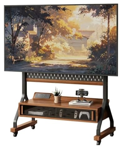 Support TV Roulant Écrans 40 À 85 Pouces avec Prise Courant Support TV sur Pied, Hauteur Et Angle Réglables avec Porte Coulissante en Verre Trempé Bureau, École, Maison(Black-B)