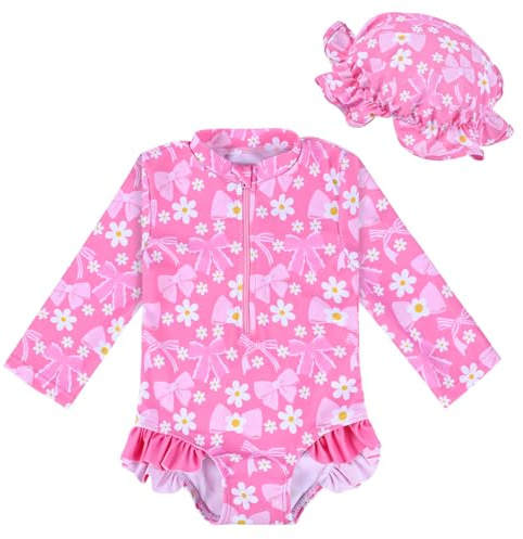 Yoolhamy Traje de baño para niña con Sombrero de Sol de Manga Larga Rashguard con Lazo de Fresa para la Playa, para bebés de 3 Meses a 2 años, Rosa., 6-12 Meses