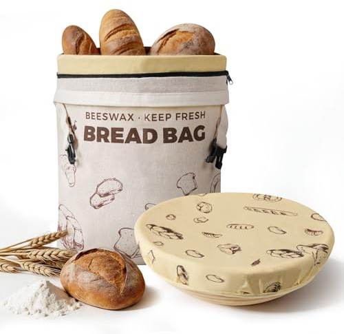 YARRAMATE Natural Beeswax Bread Bag & Bowl Cover Set, Reusable & Freezer Safe Bakery Essentials for Loaf Storage and Sourdough Proofing (17x13, 12 Inch)