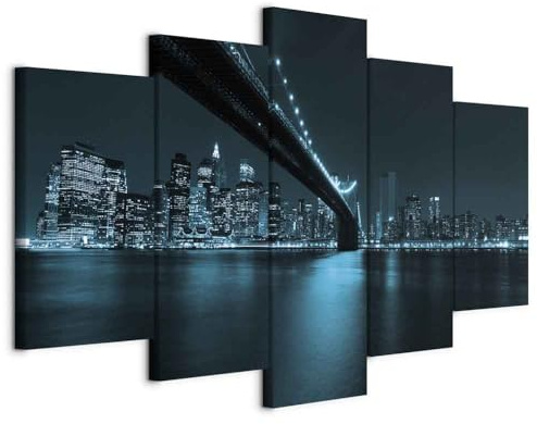 B&D XXL - Wandbilder XXL New York 225x112 cm - Leinwandbilder - Fertig Aufgespannt - Vlies Leinwand - 5 tlg - Wandbilder XXL - Kunstdrucke - Wandbild - City Stadt Panorama Brücke schwarz blau