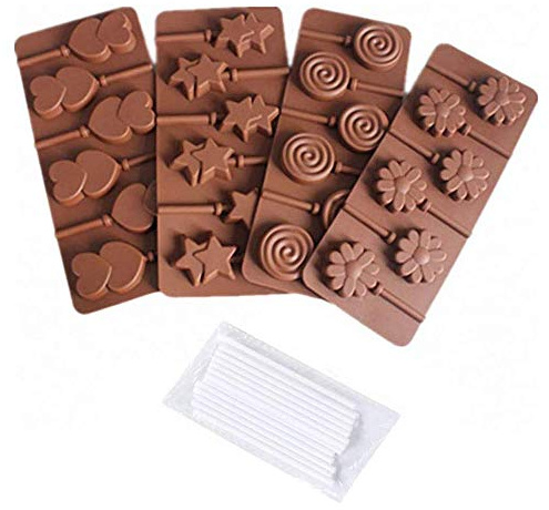 4-Pack Lollipop Silicone Mold Set - MoldFun Star Heart Spiral Daisy Flower Silicone Lolly Pop Tray for Hard Candy Chocolate Gummy Suckers