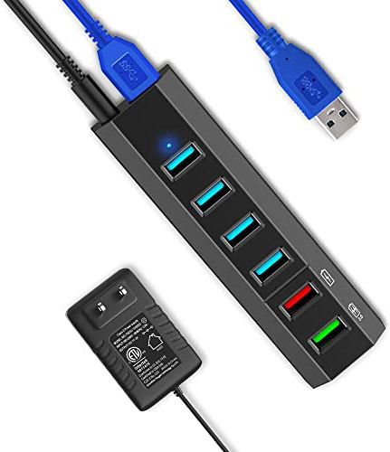 USB-Hub, Aiibe 6 Ports Super High Speed USB 3.0 Hub Splitter + 24W Netzteil + USB 3.0 Kabel, Schwarz Smart Fast Charger Powered USB Hub für Laptop, Mac, PC, mobile HDD, mehrere Geräte