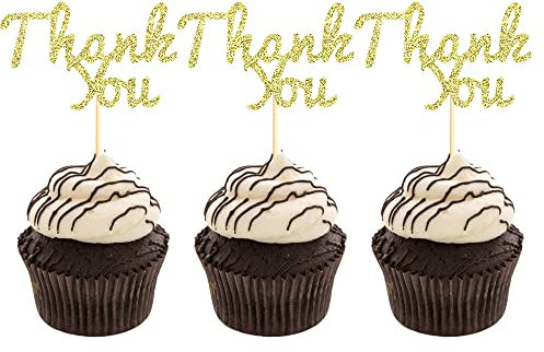 Sumerk 24PCS Glitter Gold Thank You Cupcake Toppers Thanks Cupcake Picks Baby Shower Birthday Wedding Party Decoration Supplies
