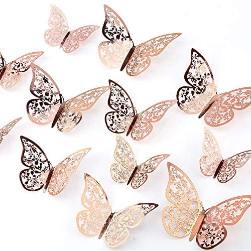 AIEX 24pcs Autocollants Papillon 3d 3 Tailles Décalcomanies Murales Décoration Murale De Chambre Pour Chambre Fête Mariage (Or Rose)