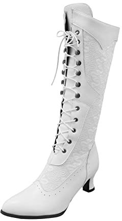 Kenmeko Donna Stivali Moda Sexy Casual Elegante Invernali con Tacco Alti sopra Il Ginocchio Tacchi con Tacco Alto Moda Scarpe a Punta in Pizzo con Zip Laterale Stivali a Tubo Medio (40,Bianca)