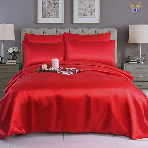 6PCS Satin Duvet Cover Bedding Set Plain Luxury Soft Bed Set Include (1xDuvet Cover, 1xFitted Sheet, 4xHousewife Pillow Case) (King, Red)-(Same Day Dispatch)
