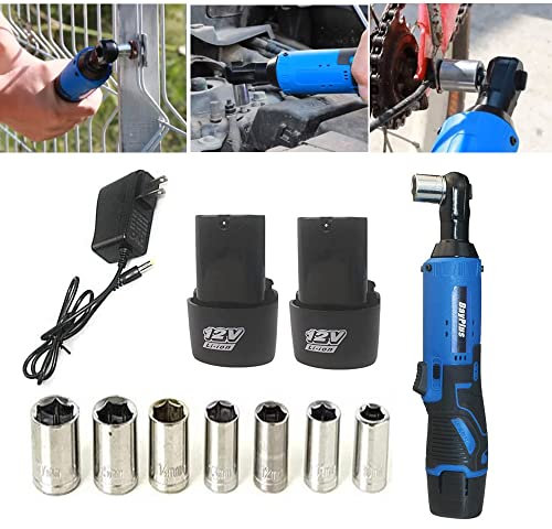 Qimu Elektrischer Akku-Ratschenschlüssel 3/8 Zoll Akku Ratschenschlüssel Set, 12V Elektrowerkzeug Elektroschrauber mit 2 x 1500mAh Batterien, 7 Steckdosen, Akku-Ratschen-Winkelschlüssel