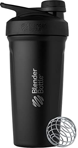 BlenderBottle Strada Twist Cap Shaker Cup Insulated Stainless Steel Water Bottle with Wire Whisk, 24-Ounce, Black