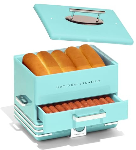 Nostalgia Extra Large Diner-Style Steamer, 20 Hot Dogs and 6 Bun Capacity, Perfect for Breakfast Sausages, Brats, Vegetables, Fish, Aqua