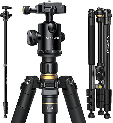 NIANYISO 77” DSLR Camera Tripod for Travel - Compact Tripod for Camera, Professional Tripod with 36mm 360 Degree Ball Head, Lightweight Aluminum Camera Tripods & Monopods Load up to 33 lbs Black