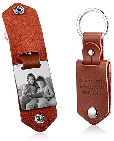 MunkiMix Porte-clés en Cuir Personnalisé Cadeaux pour Hommes Petit Ami Papa Mari Photo Date Nom Porte-clés pour la Fête des Pères-Cuir Marron Photo Noir et Blanc